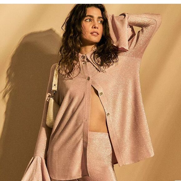 Sleeper Cosmos Lounge Suit M Top and S Pants Flared Pink Glitter Shimmer $350 - Picture 13 of 15